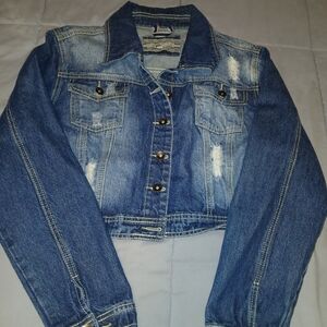 Cropped Distressed Blue Denim Jacket